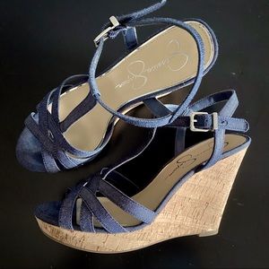 Jessica Simpson elegant denim/cork wedges